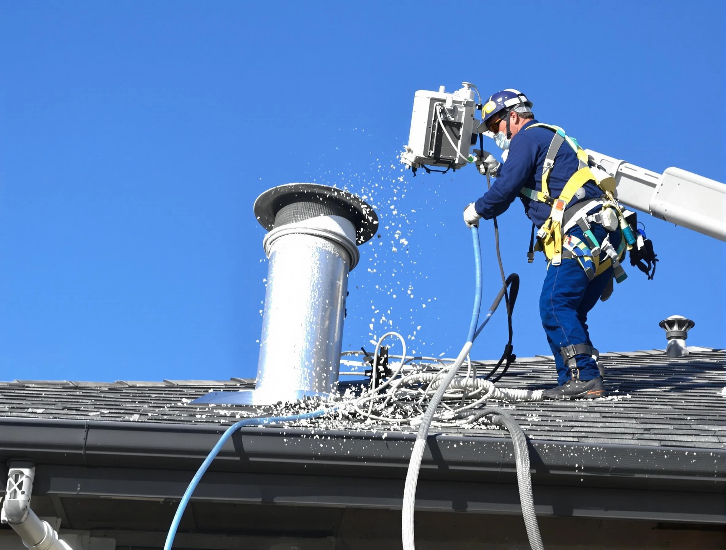 White Bluff Dryer Vent Cleaning certified technician safely cleaning a roof-mounted dryer vent in White Bluff