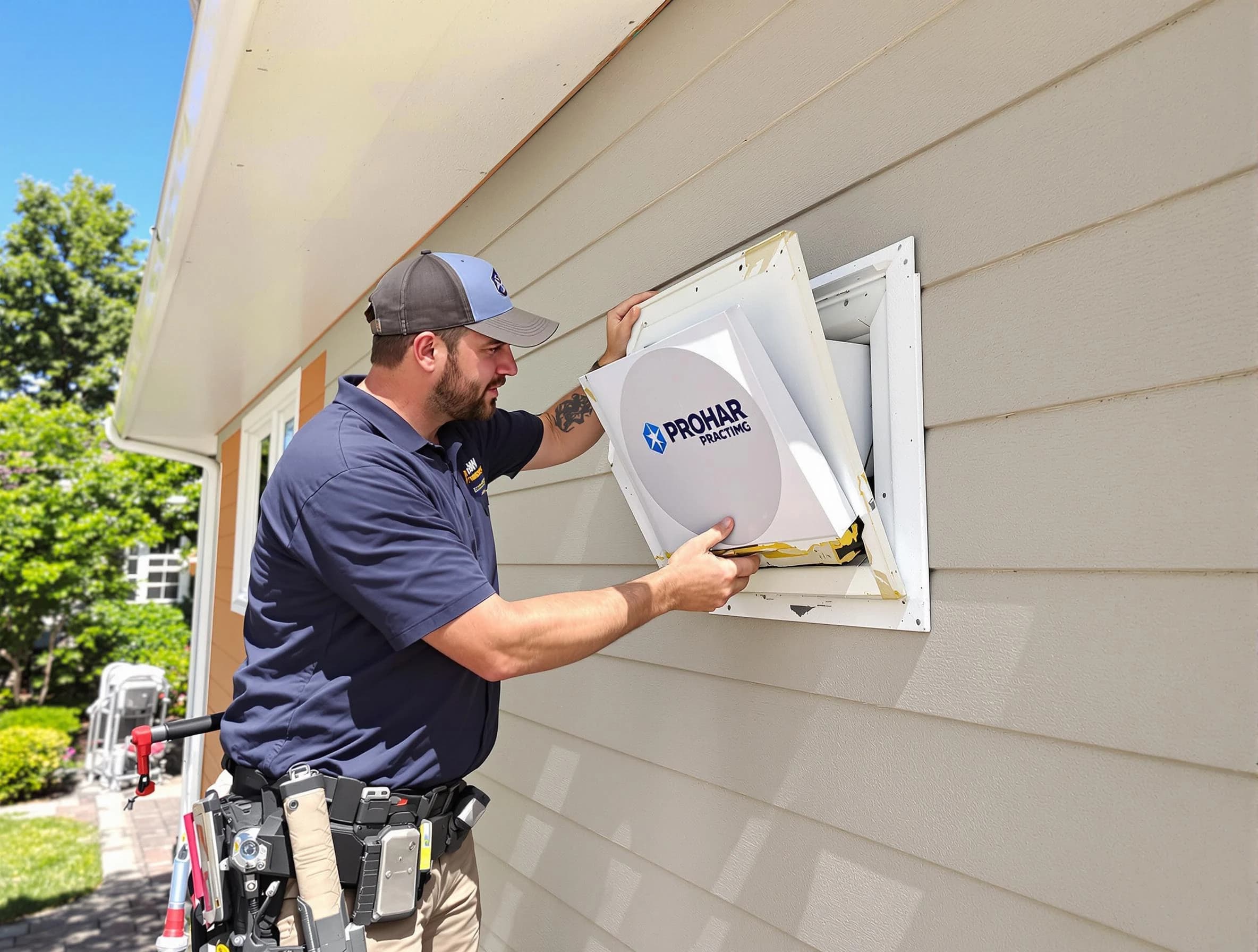 White Bluff Dryer Vent Cleaning technician installing a new protective dryer vent cover on a home in White Bluff