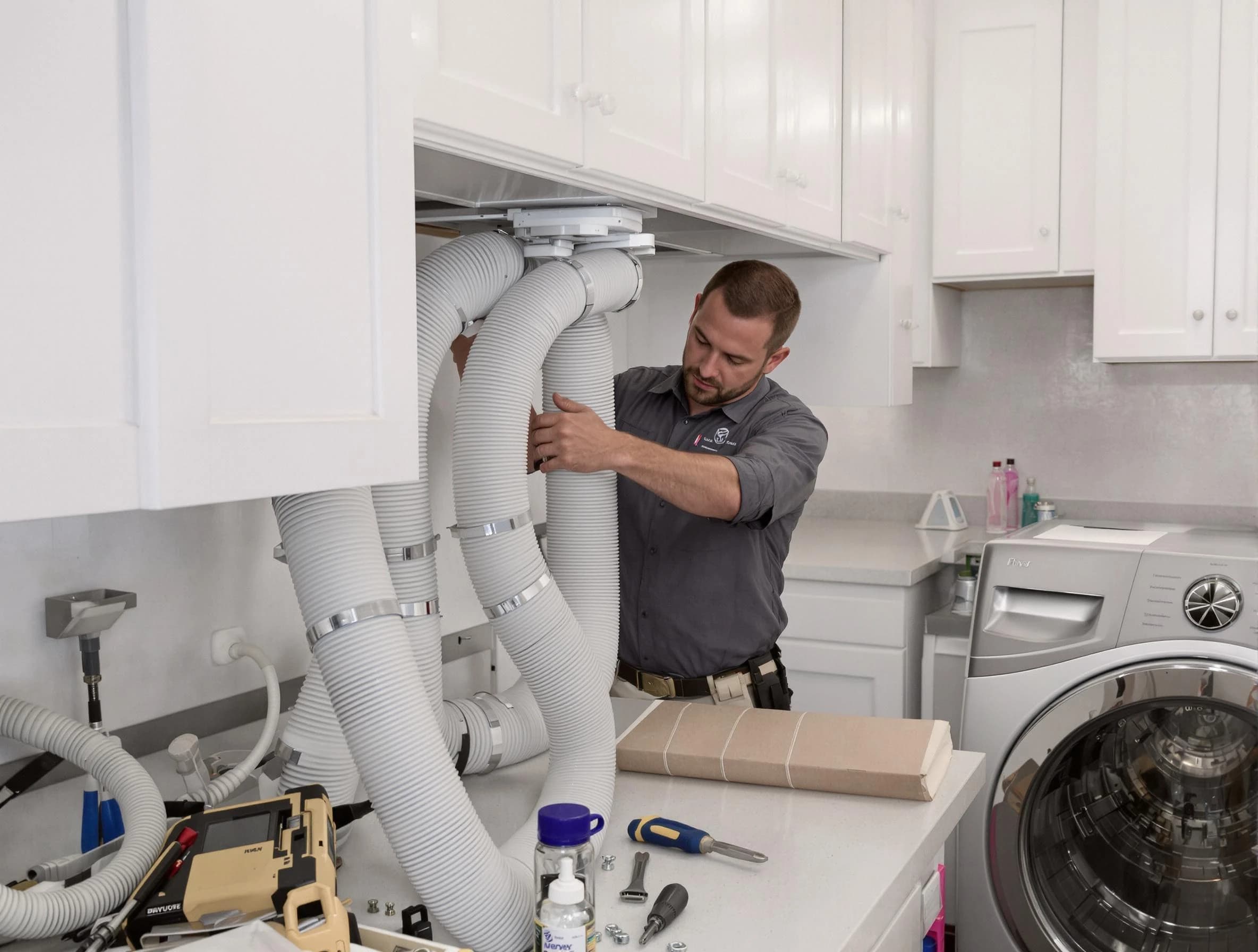 White Bluff Dryer Vent Cleaning technician installing a new professional-grade dryer vent hose in White Bluff